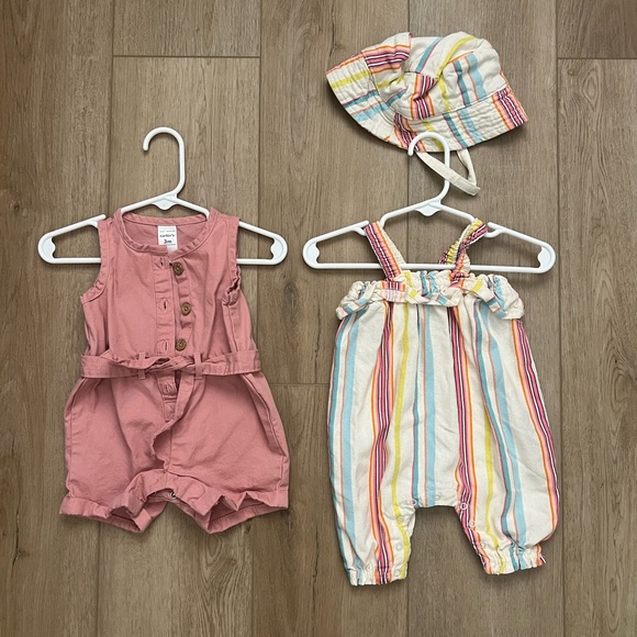 NWOT 3M and 0-3M Baby Girl Pink Romper and Striped Jumpsuit with Hat Set - Picture 1 of 4
